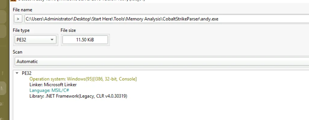 DIE showing andy.exe as .NET MSIL assembly