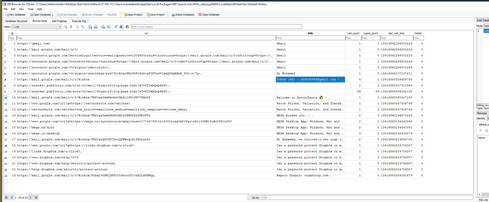 EBWebView History database showing Gmail URLs