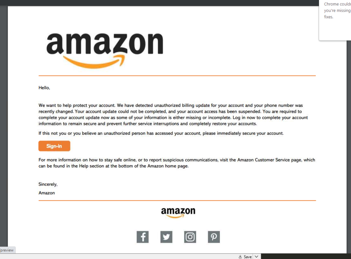 PDF attachment impersonating Amazon