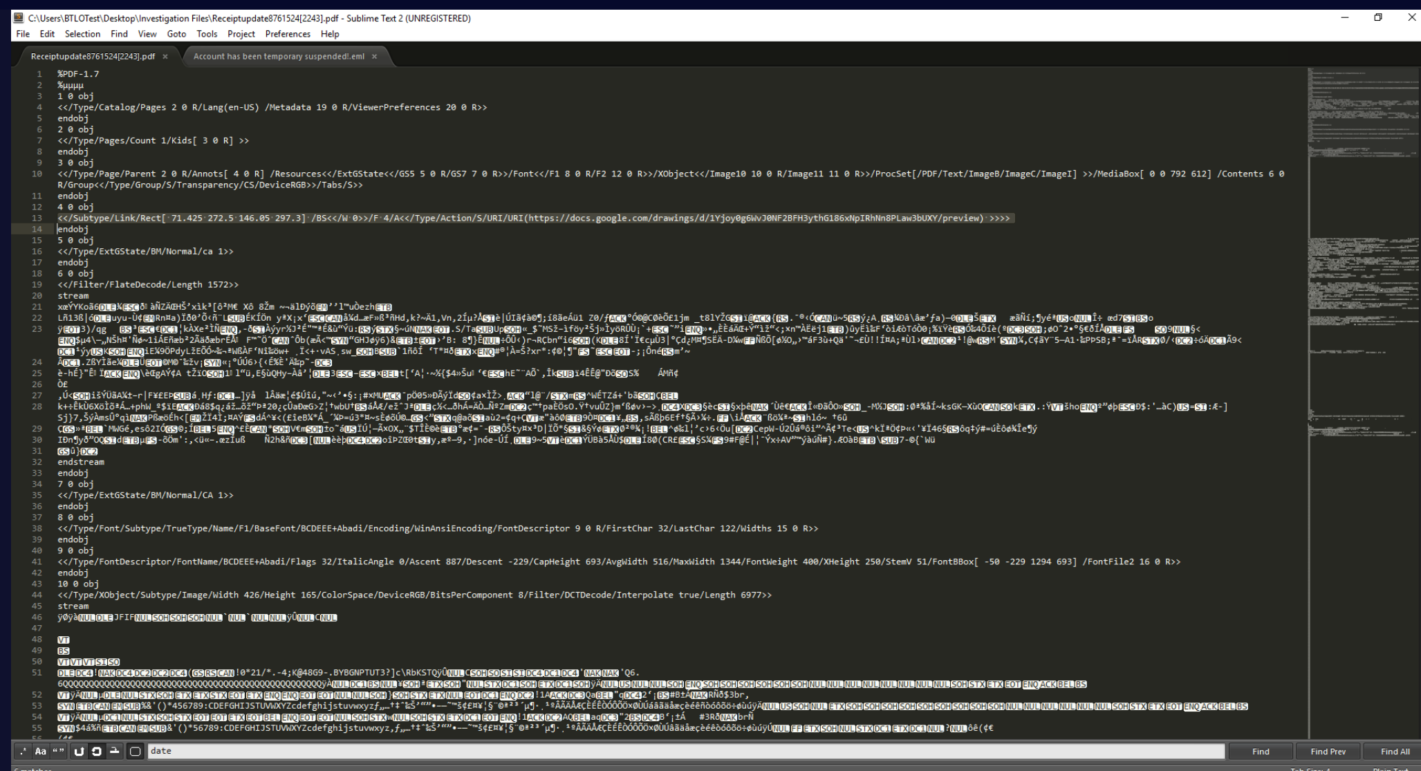 Google Drawings page showing the call-to-action button URL
